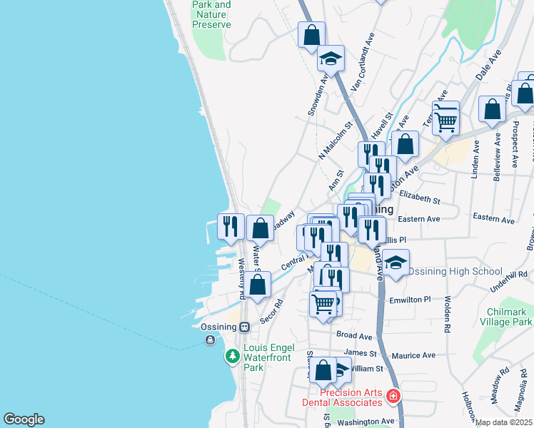map of restaurants, bars, coffee shops, grocery stores, and more near 2 Water Street in Ossining