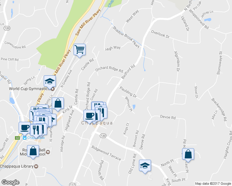map of restaurants, bars, coffee shops, grocery stores, and more near 211 Bedford Road in Chappaqua