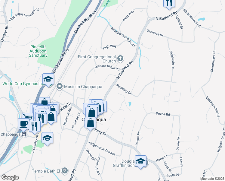map of restaurants, bars, coffee shops, grocery stores, and more near 211 Bedford Road in Chappaqua