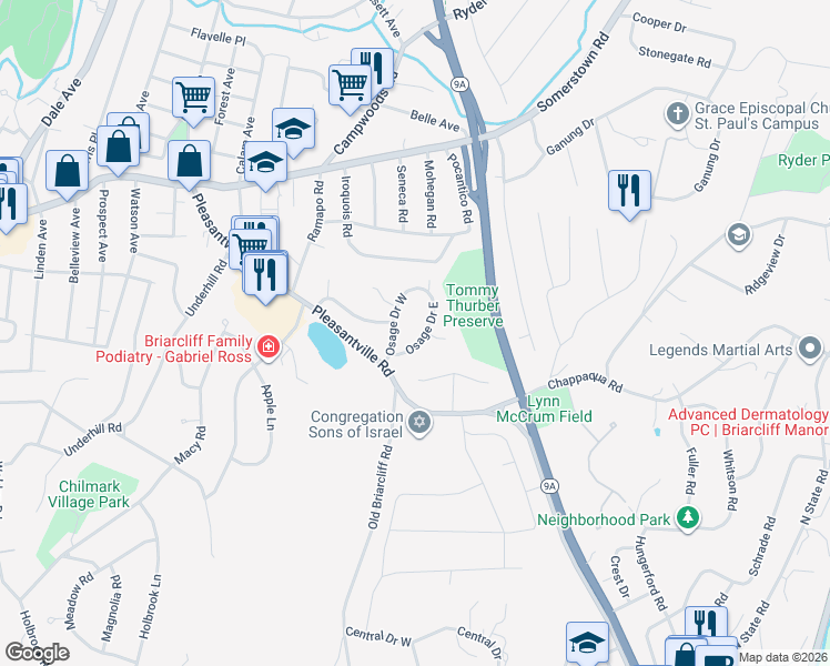 map of restaurants, bars, coffee shops, grocery stores, and more near 13 Osage Drive East in Ossining