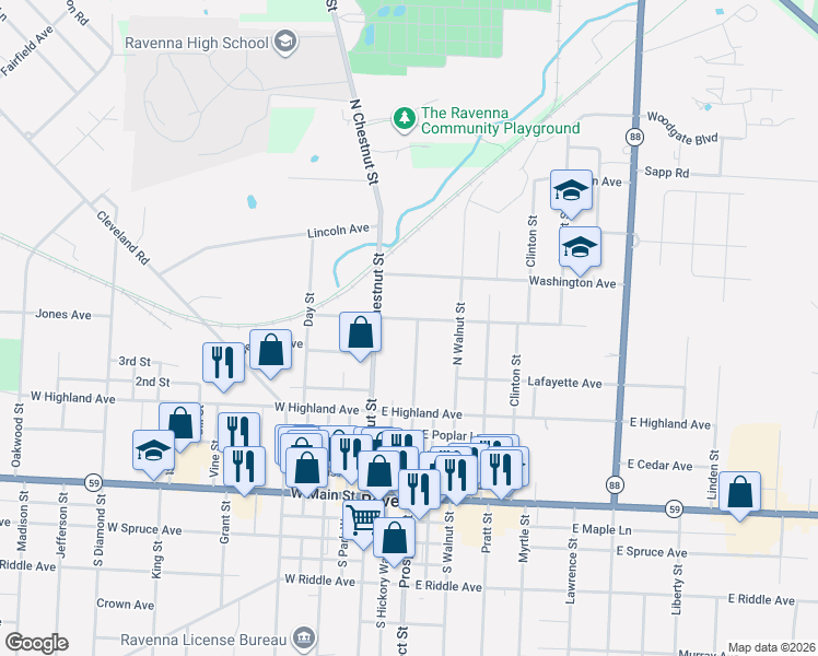 map of restaurants, bars, coffee shops, grocery stores, and more near 129 East Central Avenue in Ravenna