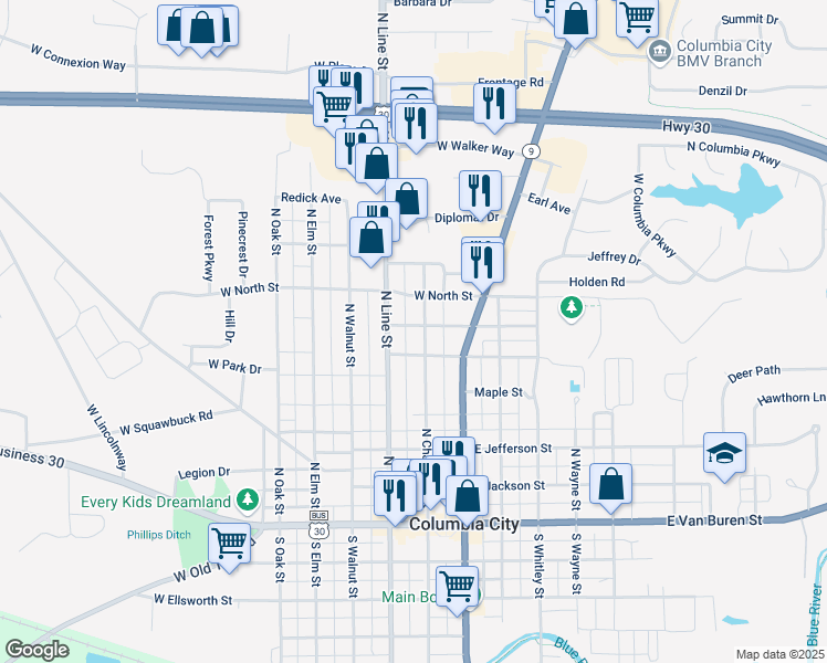 map of restaurants, bars, coffee shops, grocery stores, and more near 362 North Line Street in Columbia City