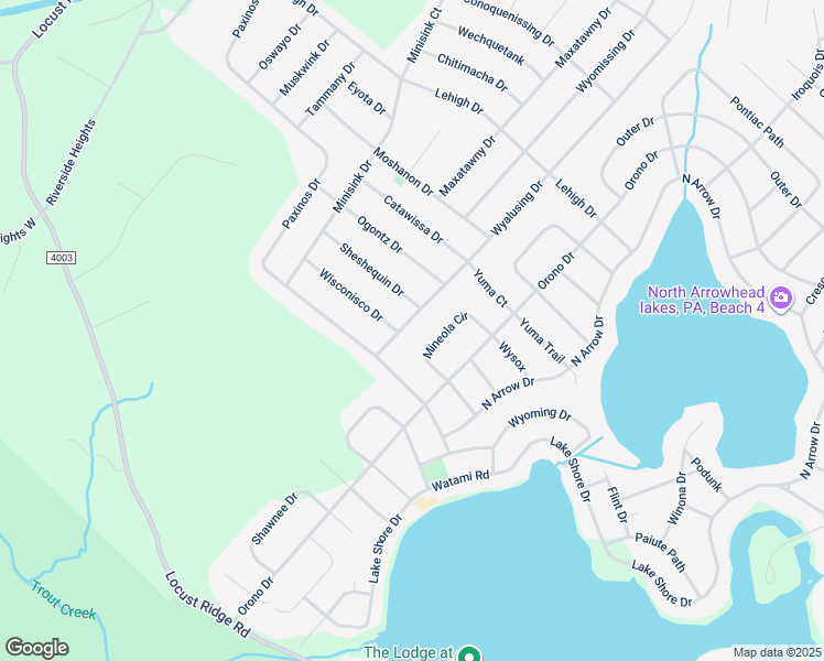 map of restaurants, bars, coffee shops, grocery stores, and more near 122 Wyalusing Drive in Monroe County
