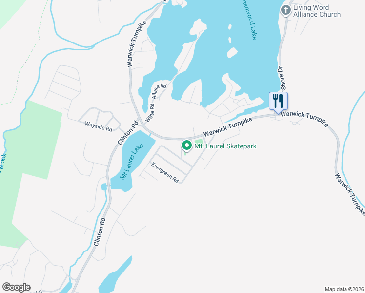 map of restaurants, bars, coffee shops, grocery stores, and more near 453 Warwick Turnpike in West Milford