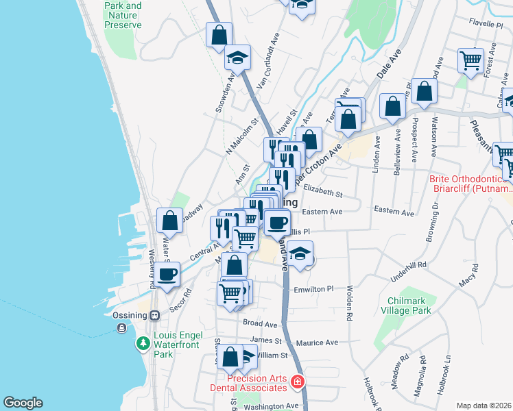 map of restaurants, bars, coffee shops, grocery stores, and more near 100 Broadway in Ossining