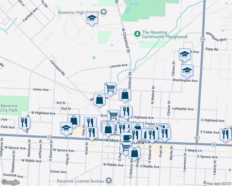 map of restaurants, bars, coffee shops, grocery stores, and more near 241 West Central Avenue in Ravenna