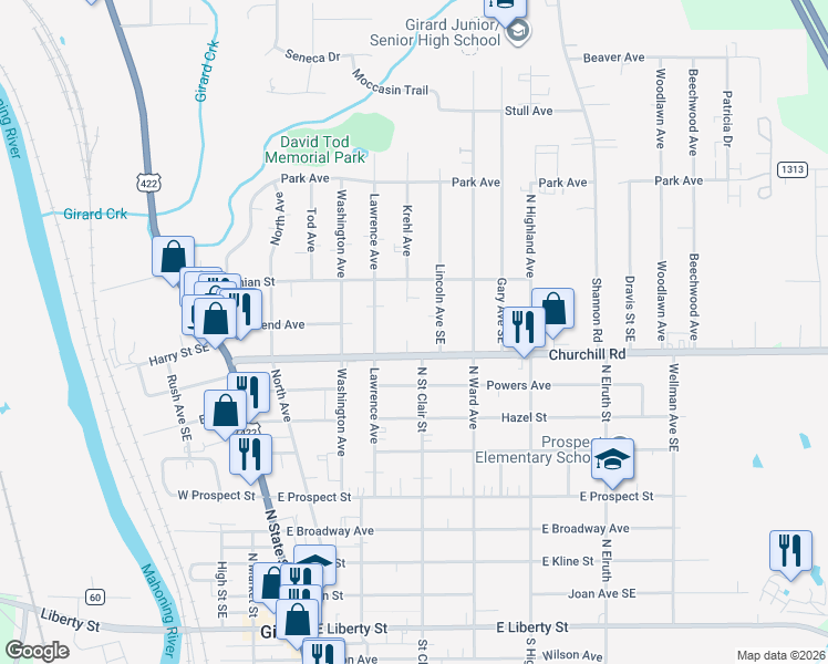 map of restaurants, bars, coffee shops, grocery stores, and more near 821 Krehl Avenue in Girard