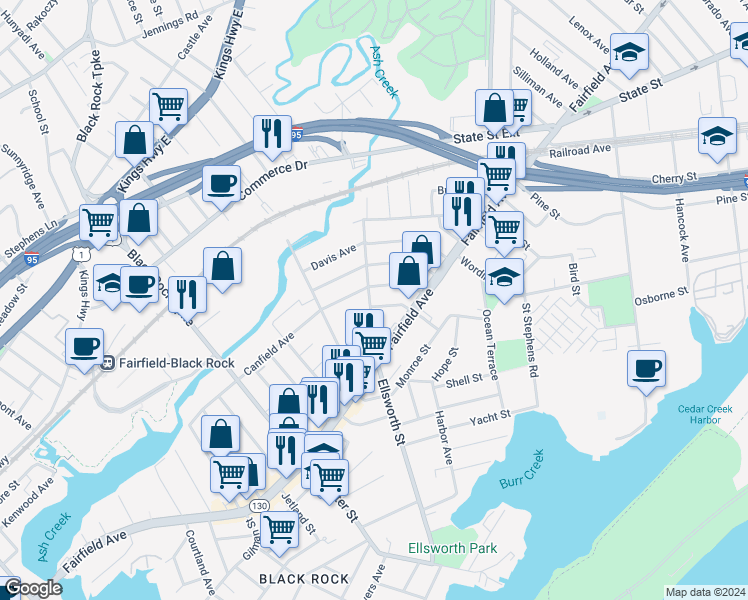 map of restaurants, bars, coffee shops, grocery stores, and more near 37 Crowther Avenue in Bridgeport