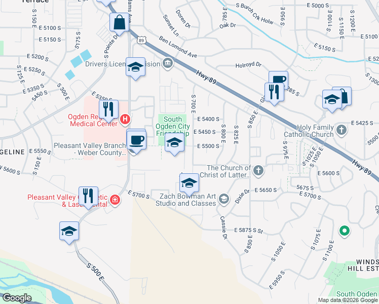 map of restaurants, bars, coffee shops, grocery stores, and more near 5523 South 700 East in Ogden