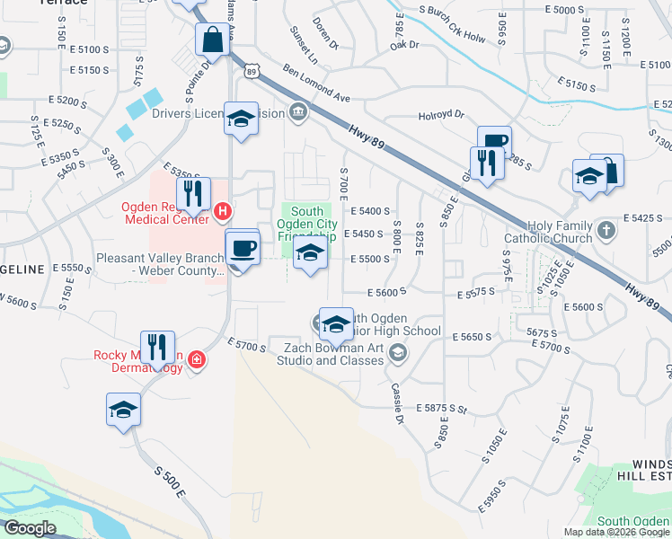 map of restaurants, bars, coffee shops, grocery stores, and more near 5523 South 700 East in Ogden