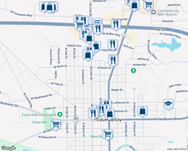 map of restaurants, bars, coffee shops, grocery stores, and more near 362 North Line Street in Columbia City