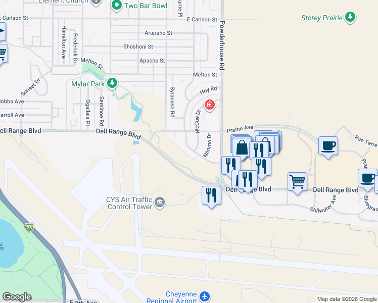 map of restaurants, bars, coffee shops, grocery stores, and more near 1009 Hoy Rd in Cheyenne