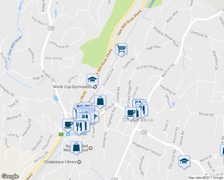 map of restaurants, bars, coffee shops, grocery stores, and more near 73 Bischoff Avenue in Chappaqua