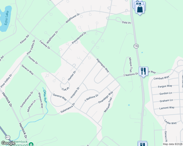 map of restaurants, bars, coffee shops, grocery stores, and more near 5123 Iroquois Street in Tobyhanna