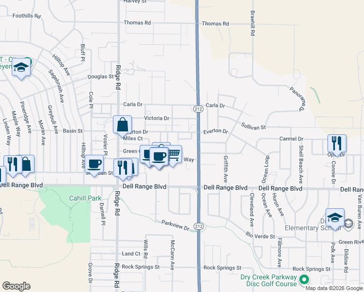 map of restaurants, bars, coffee shops, grocery stores, and more near 3803 Village View Lane in Cheyenne