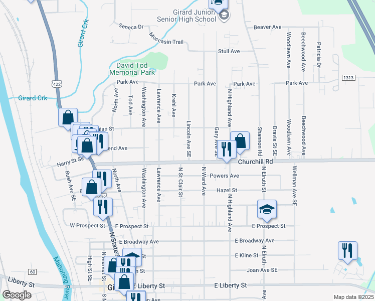 map of restaurants, bars, coffee shops, grocery stores, and more near 830 Lincoln Avenue Southeast in Girard