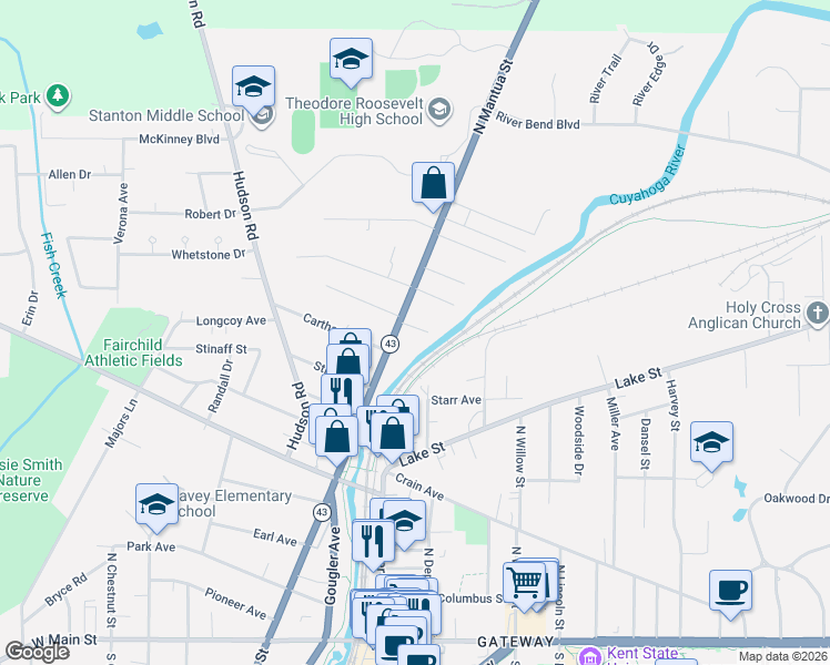 map of restaurants, bars, coffee shops, grocery stores, and more near 322 Riverside Court in Kent