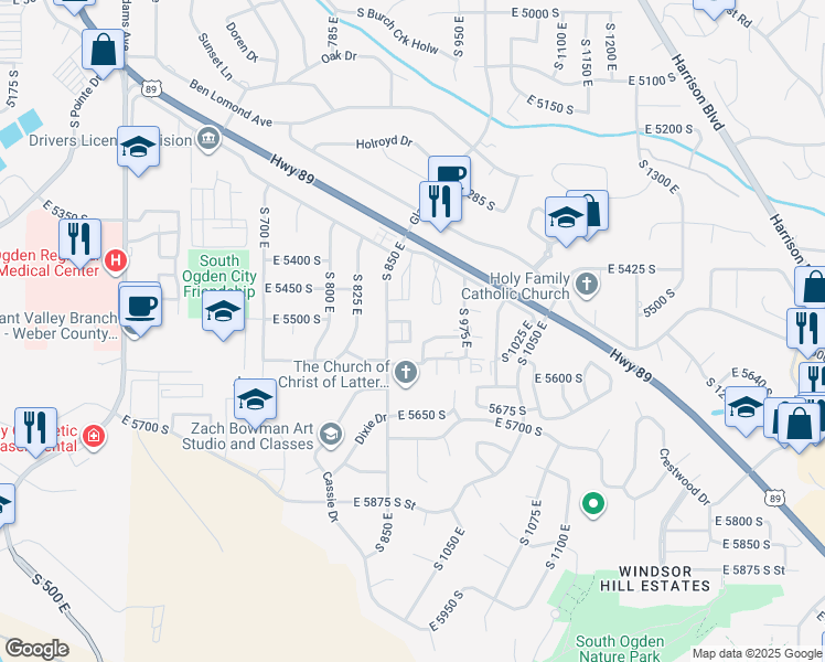 map of restaurants, bars, coffee shops, grocery stores, and more near 5518 South 875 East in Ogden