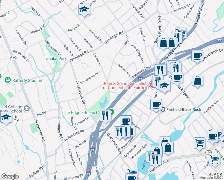 map of restaurants, bars, coffee shops, grocery stores, and more near 366 New England Avenue in Fairfield