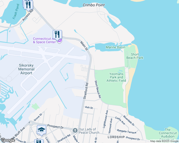 map of restaurants, bars, coffee shops, grocery stores, and more near 1265 Stratford Road in Stratford