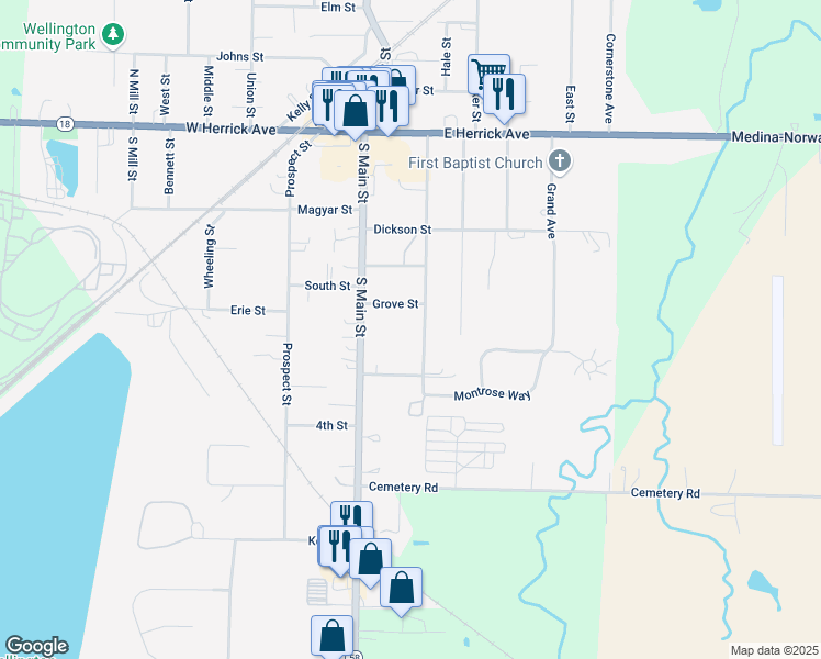 map of restaurants, bars, coffee shops, grocery stores, and more near 405 Courtland Street in Wellington