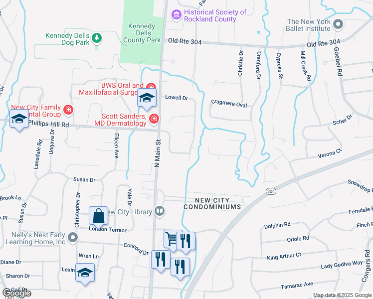map of restaurants, bars, coffee shops, grocery stores, and more near 40 Lowell Drive in New City