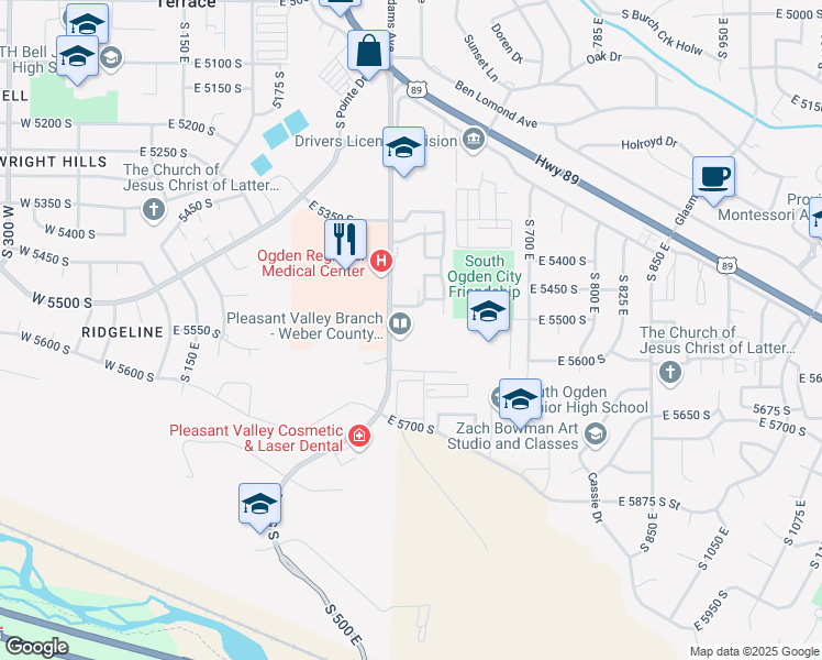 map of restaurants, bars, coffee shops, grocery stores, and more near 5568 Adams Avenue Parkway in Washington Terrace