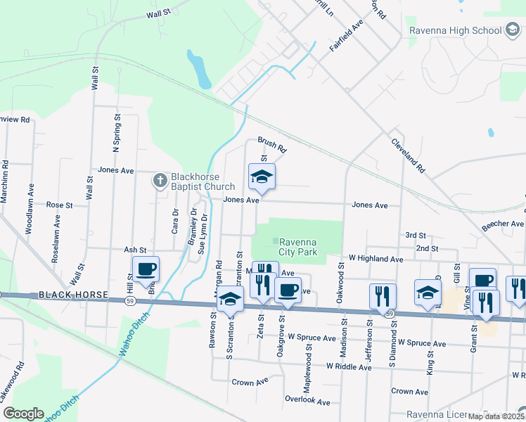 map of restaurants, bars, coffee shops, grocery stores, and more near 1071 Jones Avenue in Ravenna
