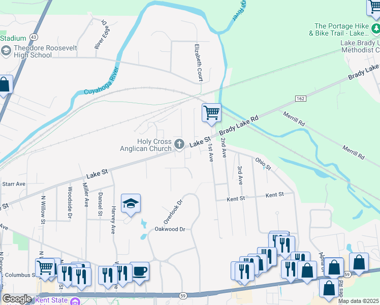 map of restaurants, bars, coffee shops, grocery stores, and more near 1220 Lake Street in Kent