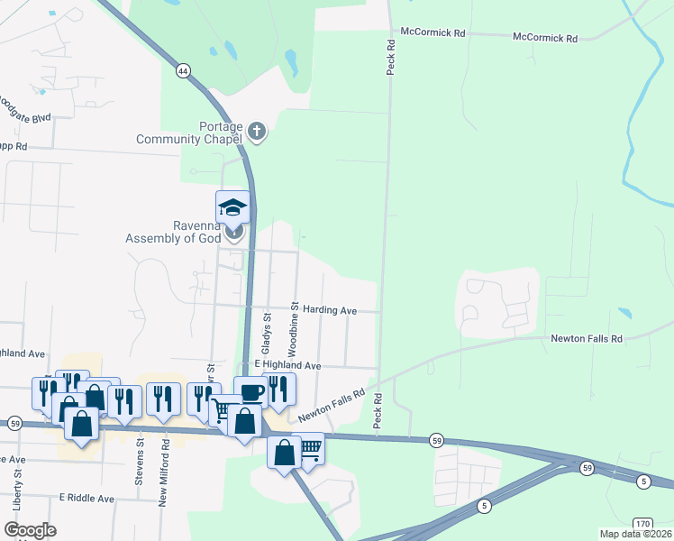 map of restaurants, bars, coffee shops, grocery stores, and more near 6332 Ferndale Road in Ravenna