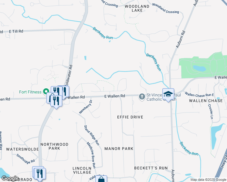 map of restaurants, bars, coffee shops, grocery stores, and more near 1049 Bunting Drive in Fort Wayne