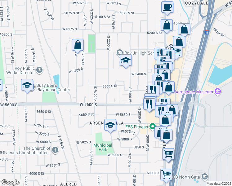 map of restaurants, bars, coffee shops, grocery stores, and more near 2182 West 5600 South in Roy