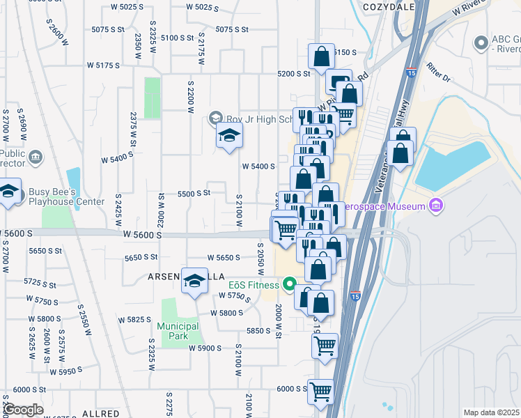 map of restaurants, bars, coffee shops, grocery stores, and more near 2021 5500 South Street in Roy