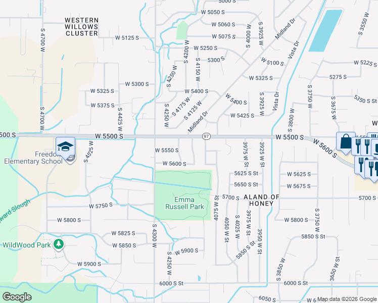map of restaurants, bars, coffee shops, grocery stores, and more near 5540 4225 West in Roy