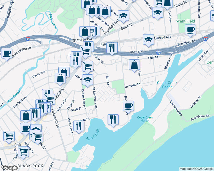 map of restaurants, bars, coffee shops, grocery stores, and more near 471 Bird Street in Bridgeport