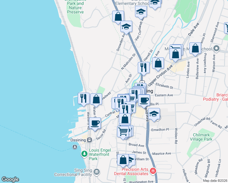 map of restaurants, bars, coffee shops, grocery stores, and more near 4 North Malcolm Street in Ossining