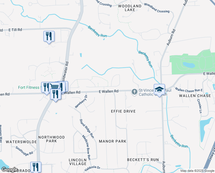 map of restaurants, bars, coffee shops, grocery stores, and more near 1049 Bunting Drive in Fort Wayne