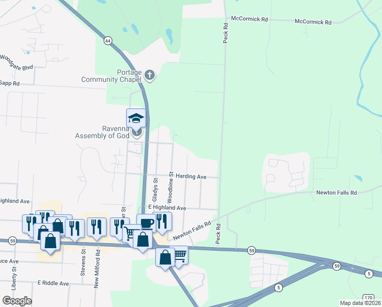 map of restaurants, bars, coffee shops, grocery stores, and more near 6332 Ferndale Road in Ravenna