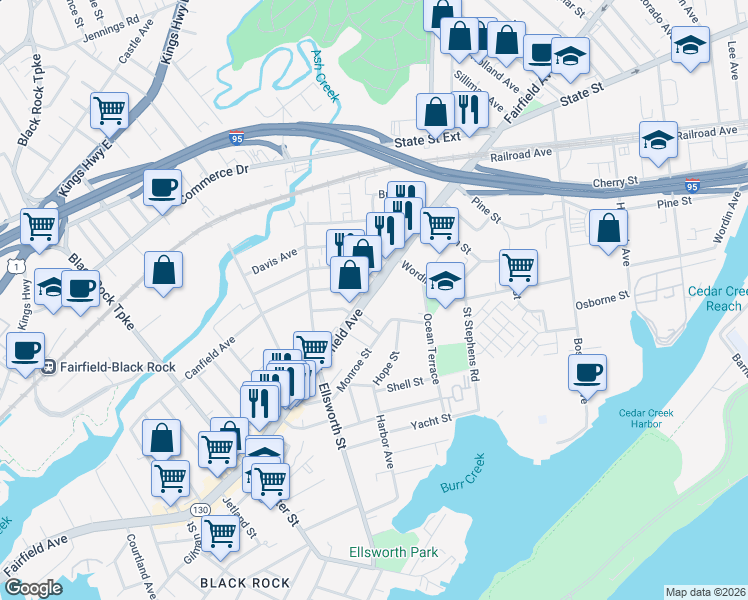 map of restaurants, bars, coffee shops, grocery stores, and more near 2339 Fairfield Avenue in Bridgeport