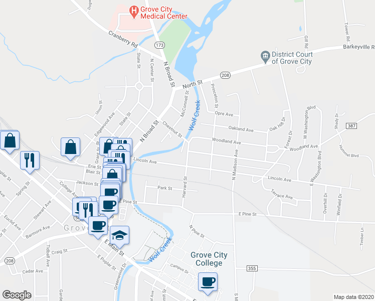 map of restaurants, bars, coffee shops, grocery stores, and more near 223 North Harvard Street in Grove City