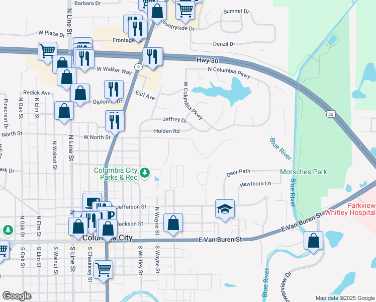 map of restaurants, bars, coffee shops, grocery stores, and more near 600 North Whitley Street in Columbia City