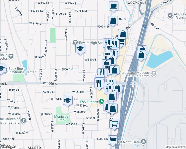 map of restaurants, bars, coffee shops, grocery stores, and more near 2021 5500 South Street in Roy