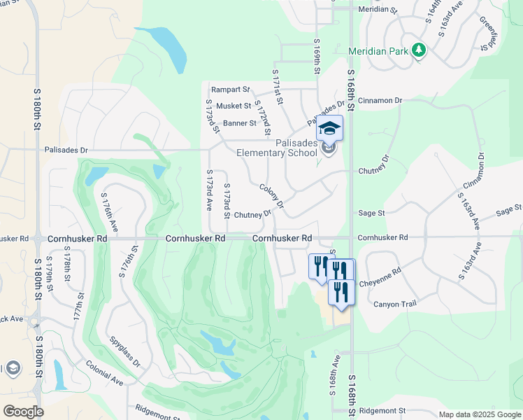 map of restaurants, bars, coffee shops, grocery stores, and more near 17204 Chutney Drive in Omaha