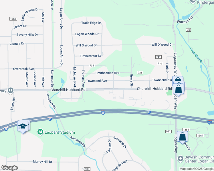 map of restaurants, bars, coffee shops, grocery stores, and more near 1182 Churchill Hubbard Road in Youngstown