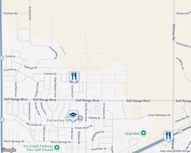 map of restaurants, bars, coffee shops, grocery stores, and more near 5321 Carmel Drive in Cheyenne