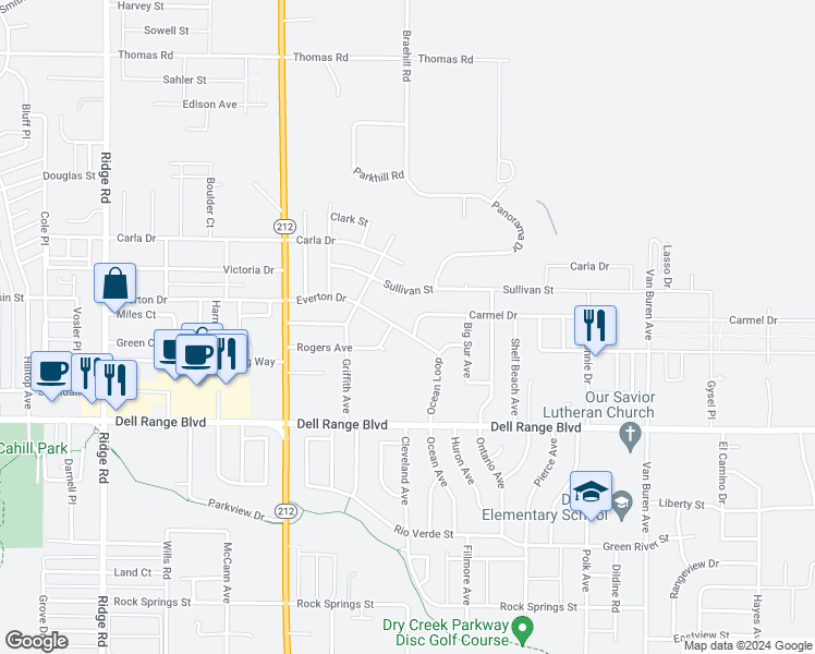map of restaurants, bars, coffee shops, grocery stores, and more near 4400 Everton Drive in Cheyenne