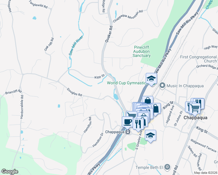 map of restaurants, bars, coffee shops, grocery stores, and more near 276 Quaker Road in Chappaqua