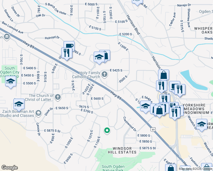 map of restaurants, bars, coffee shops, grocery stores, and more near East Chambers Street in South Ogden