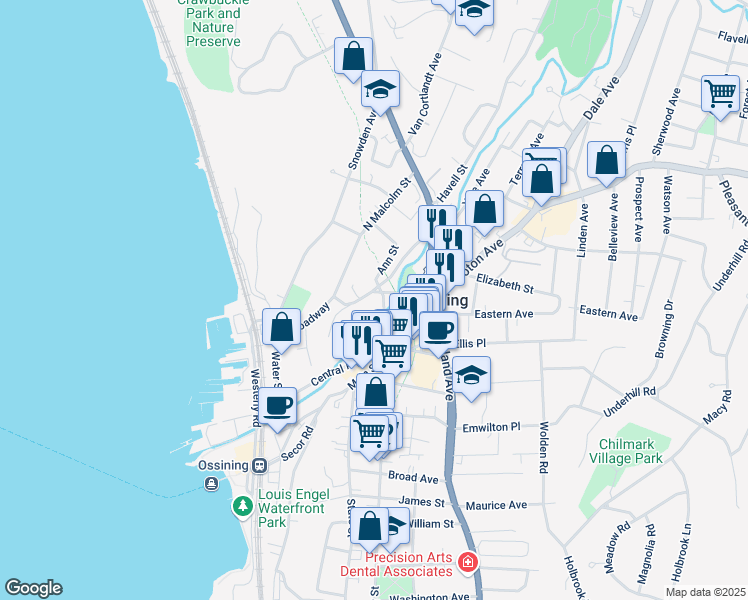 map of restaurants, bars, coffee shops, grocery stores, and more near 82 Broadway in Ossining