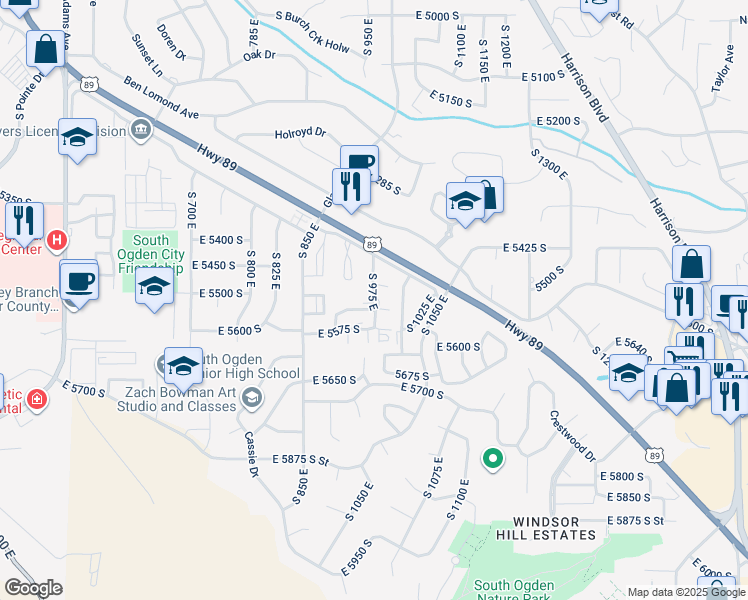 map of restaurants, bars, coffee shops, grocery stores, and more near 980 East 5475 South in Ogden